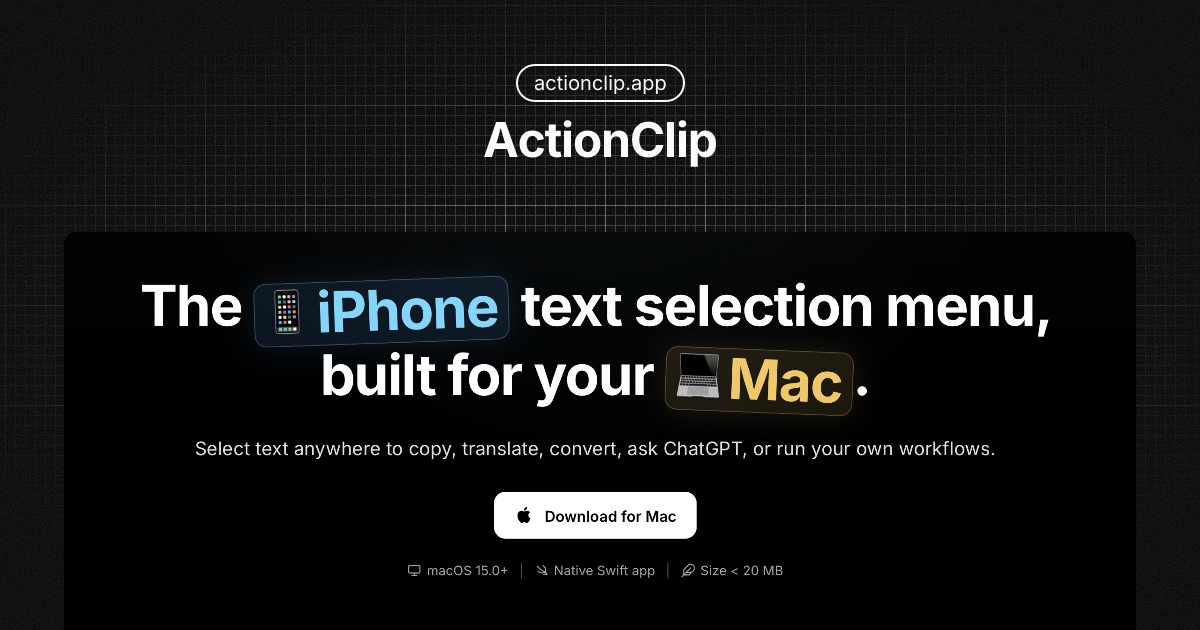 ActionClip product preview showing its selected-text workflow on Mac