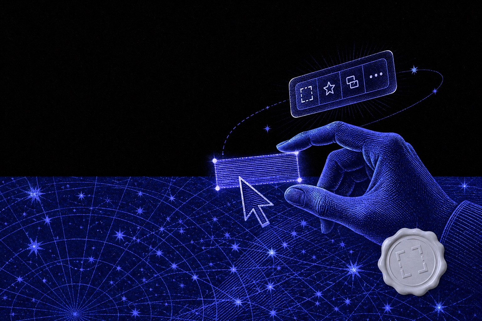 Engraved artwork of a hand, cursor, selected text, and floating ActionClip actions over a celestial map
