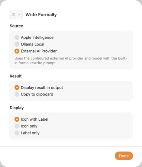 ActionClip Write Formally settings showing Apple Intelligence, Ollama Local, and External AI Provider source choices.