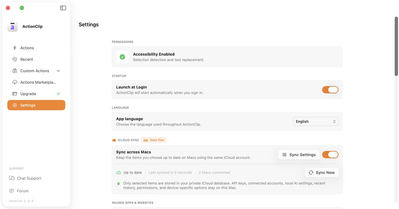 ActionClip app language settings.