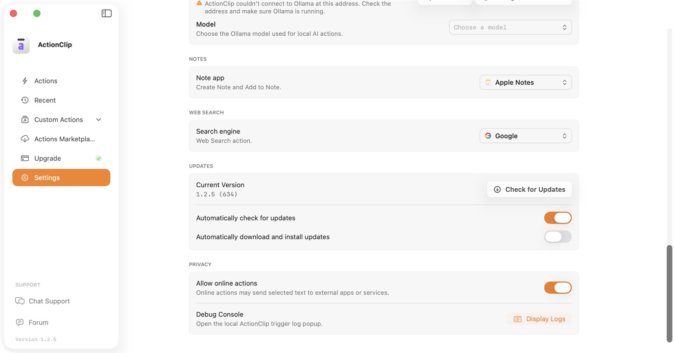 ActionClip Privacy settings showing the Allow online actions control.