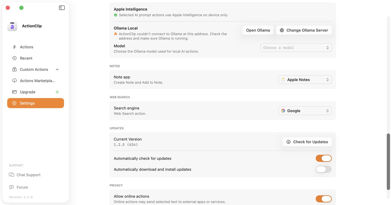 ActionClip update settings.