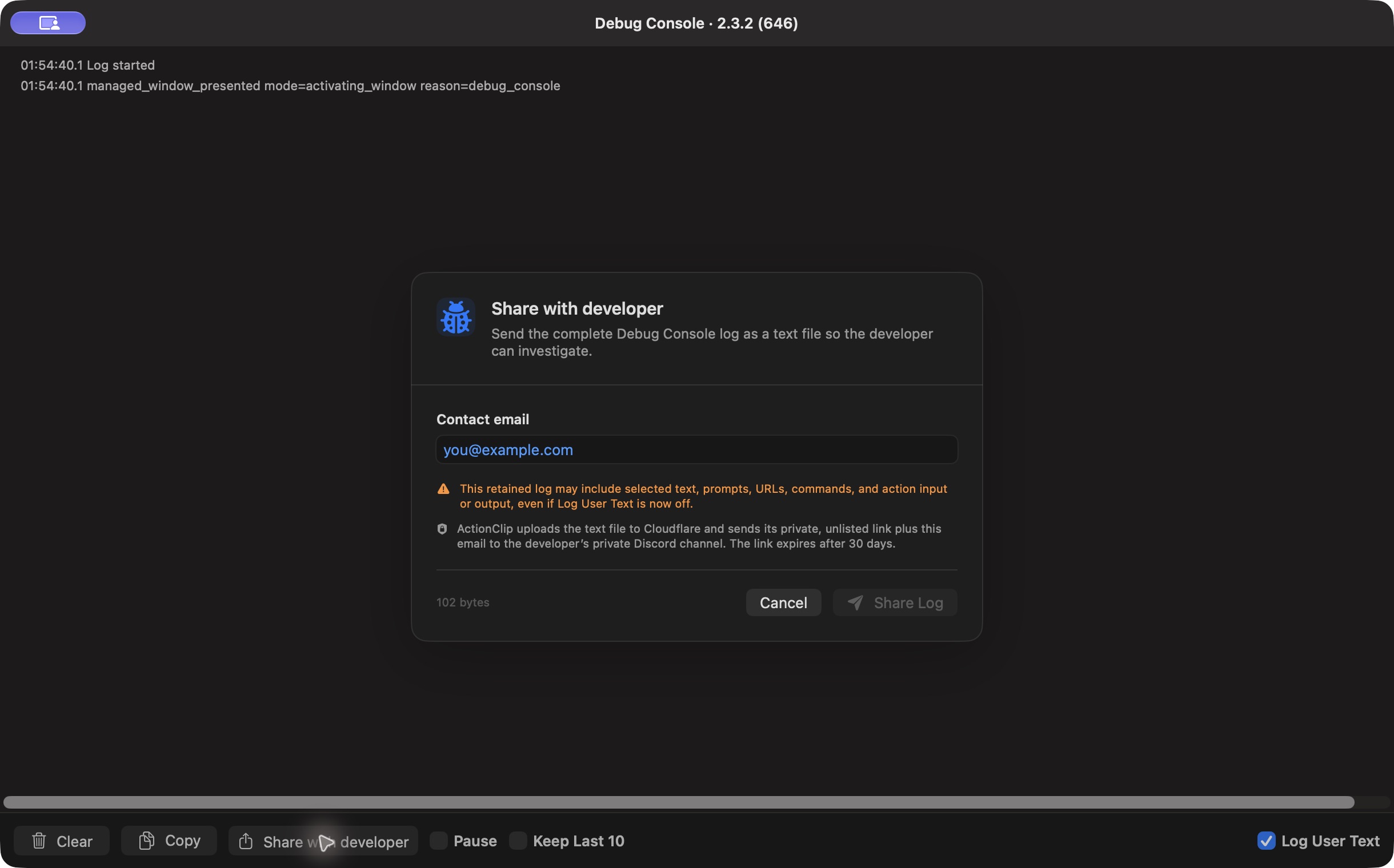 ActionClip Share with developer dialog with Contact email and Share Log.